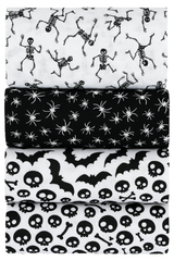 Halloween Spiders Skulls Bats Skeletons Printed Polycotton Fabric 4Pcs Fat Quarter Bundle for Crafting, Quilting, Sewing & Patchwork