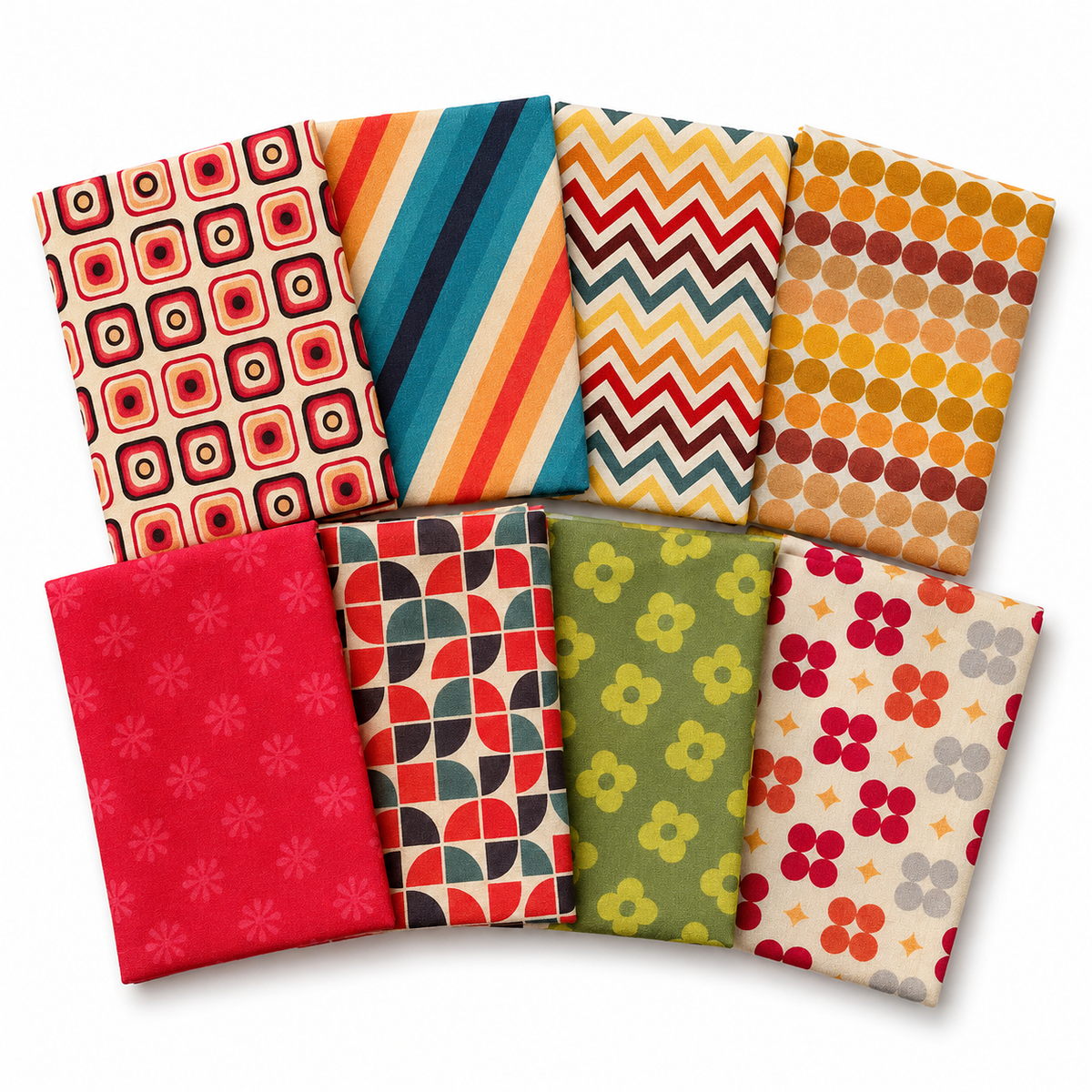 CraftsFabrics 8pcs 100% Cotton Retro 70's Printed Digital Cotton Fat Quarter Bundle for Crafting, Sewing, Patchwork, Kid's Craft