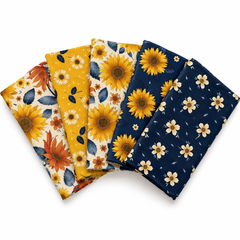 Goldene Sonnenblumen, 5-teiliges bedrucktes Baumwoll-Fat-Quarter-Bündel, 100 % Baumwolle, 45 x 55 cm breit, Bastelmaterial zum Basteln, Quilten, Heimdekor
