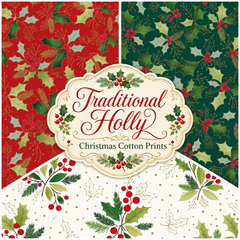 Traditional Holly–Premium Cotton Christmas Printed Fabric-100% Cotton- By Meter, Half Meter, Long Quarter or Fat Quarters