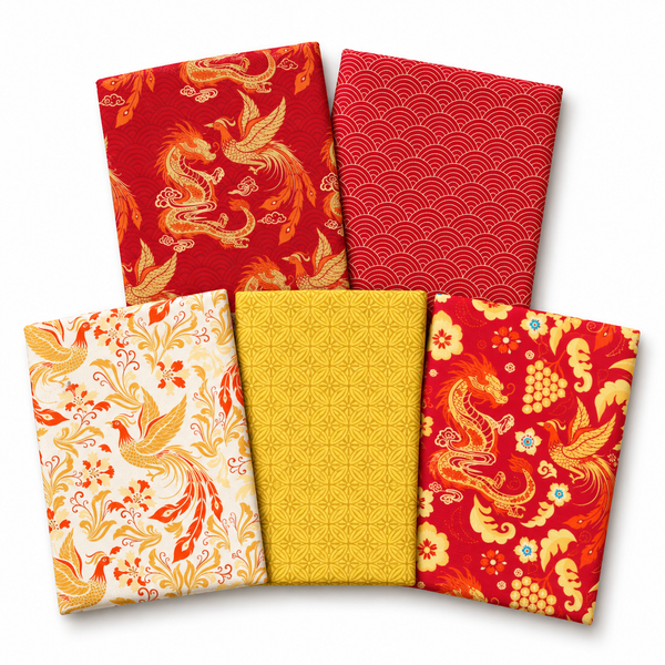 Dragon & Phoenix Dance 100% Cotton 5Pcs Fat Quarters Fabric Bundle