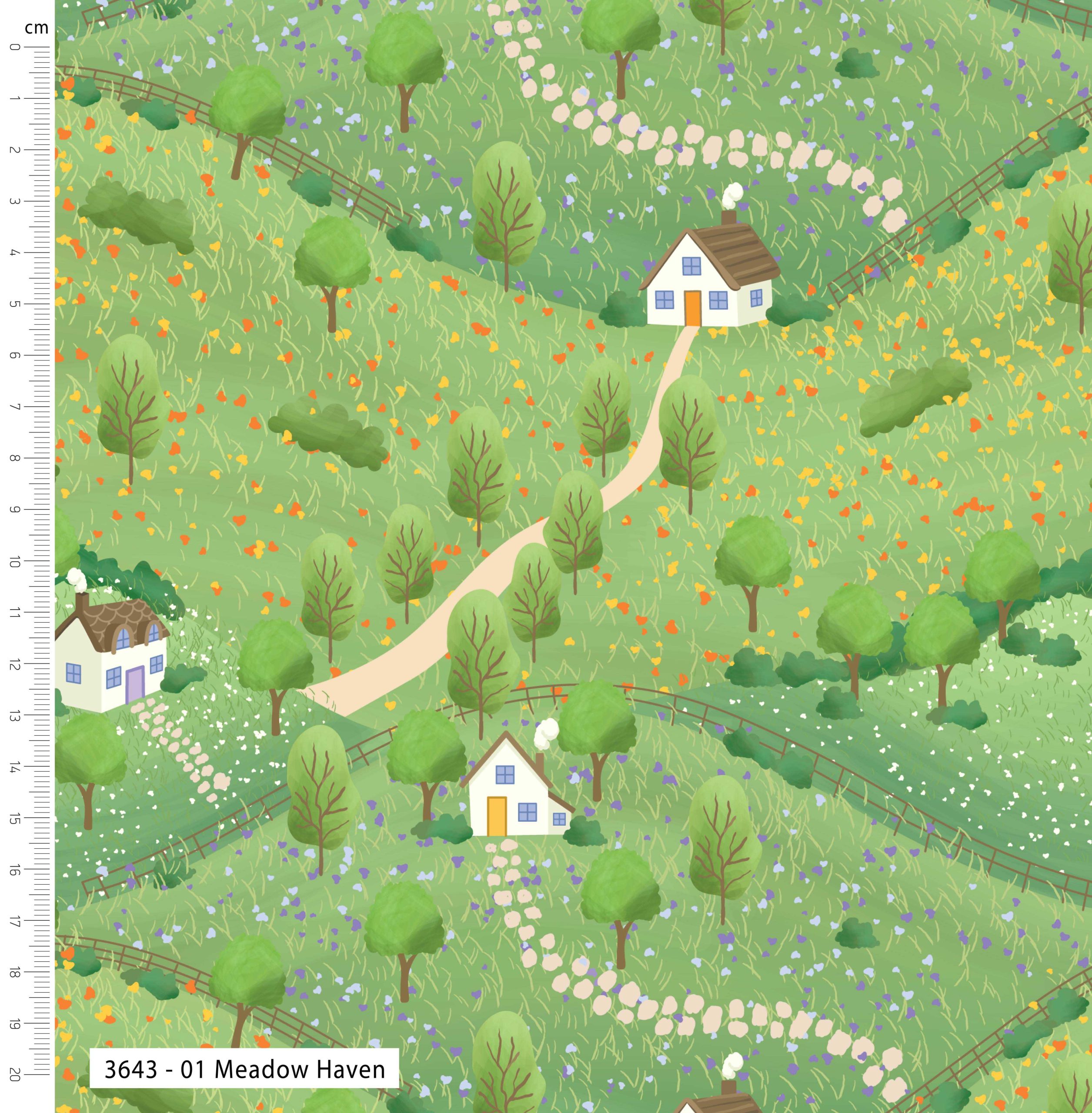 Fabric swatch with a pattern of houses and trees on a green background