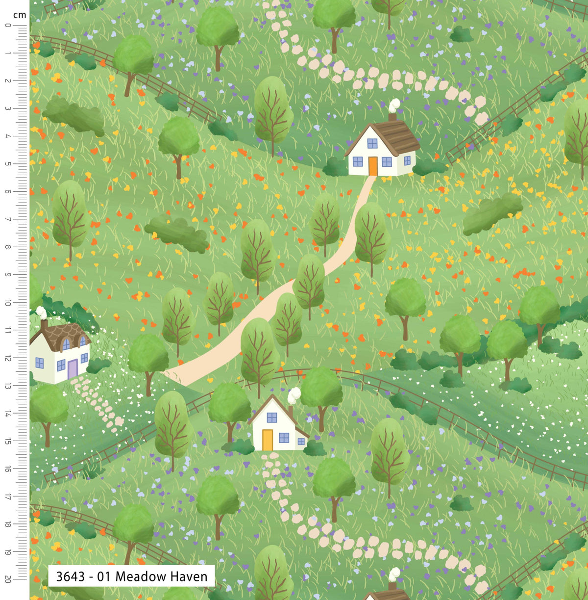 Fabric swatch with a pattern of houses and trees on a green background