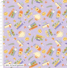 Patterned fabric with tea pots, teacups, and toadstools on a purple background.