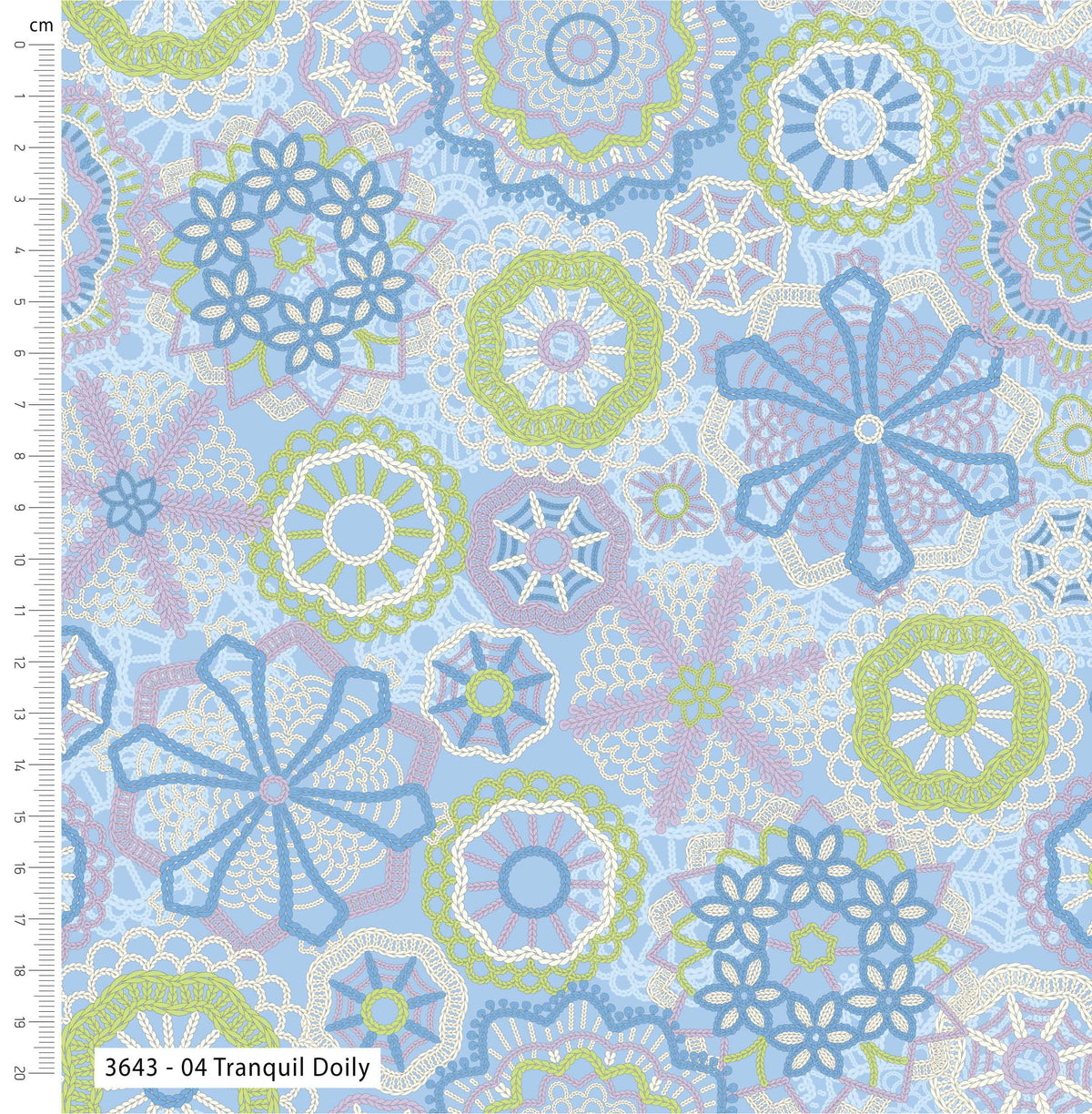 Patterned fabric with blue, green, and white flowers on a blue background