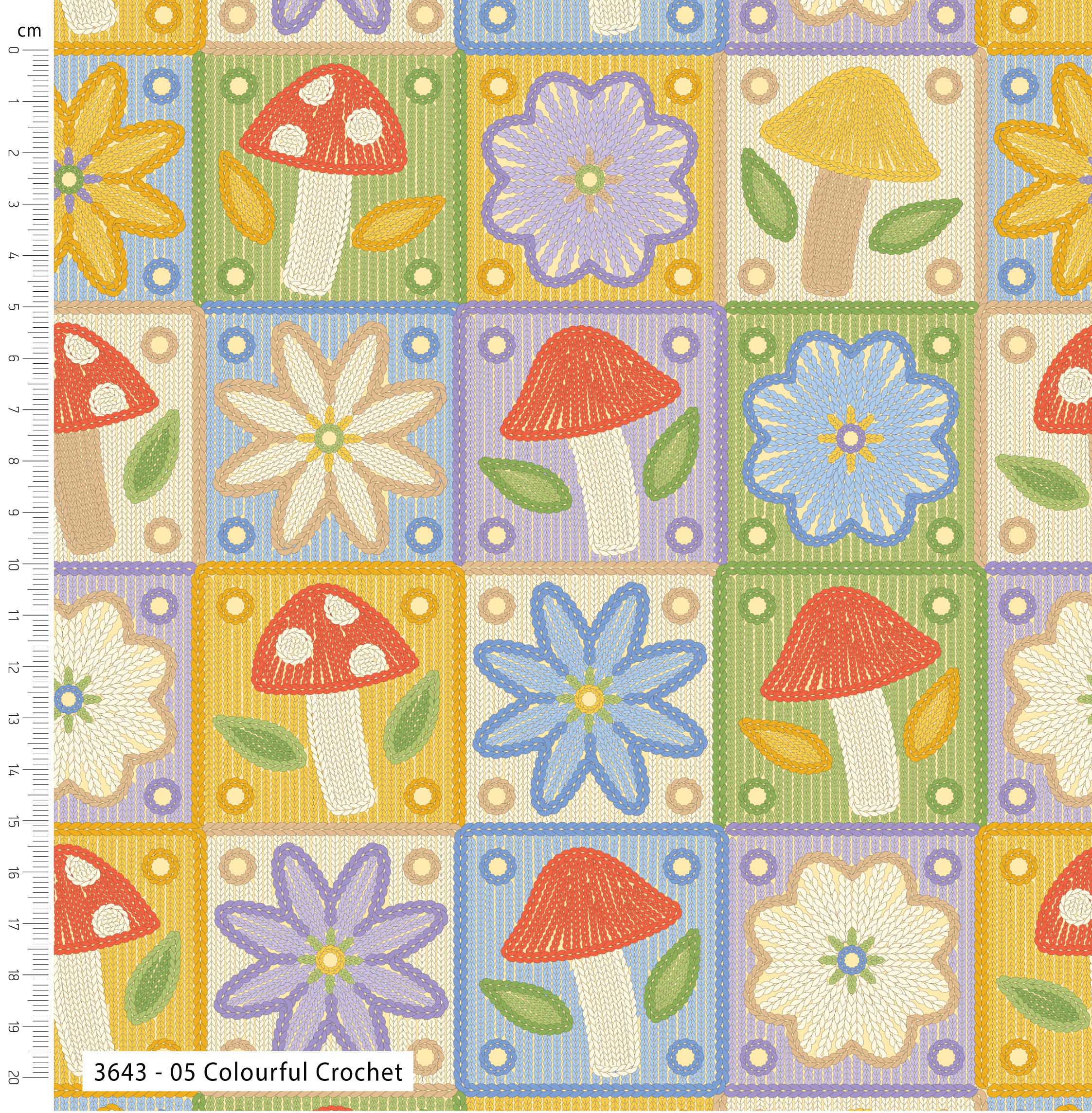 Patterned fabric with mushrooms and flowers on a grid background