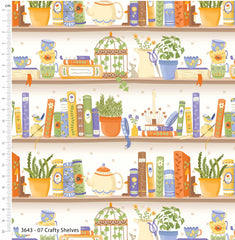 Illustration of a bookshelf with books, plants, and decorative items on a white background.