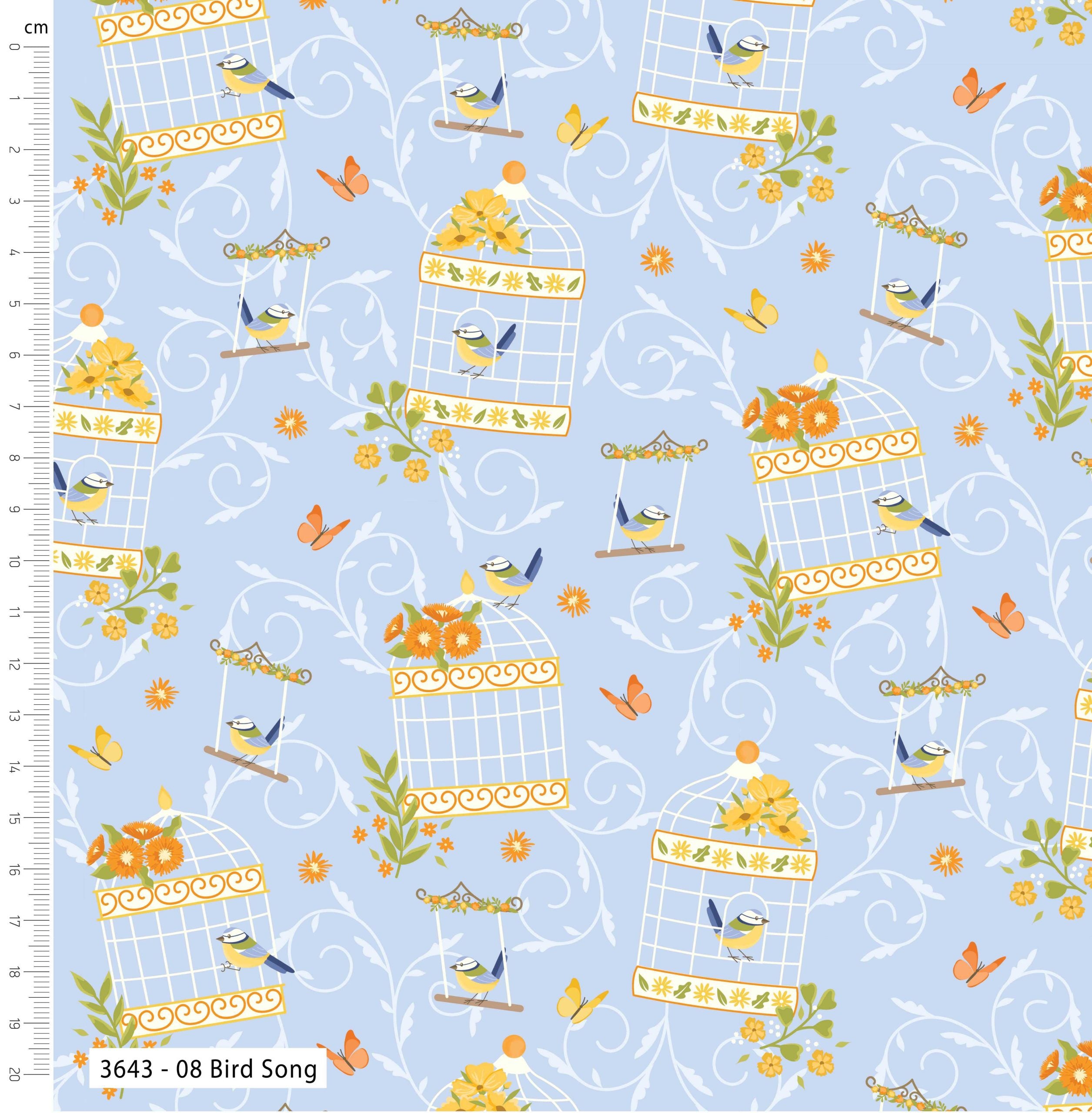 Fabric pattern with birdcages, birds, and flowers on a blue background