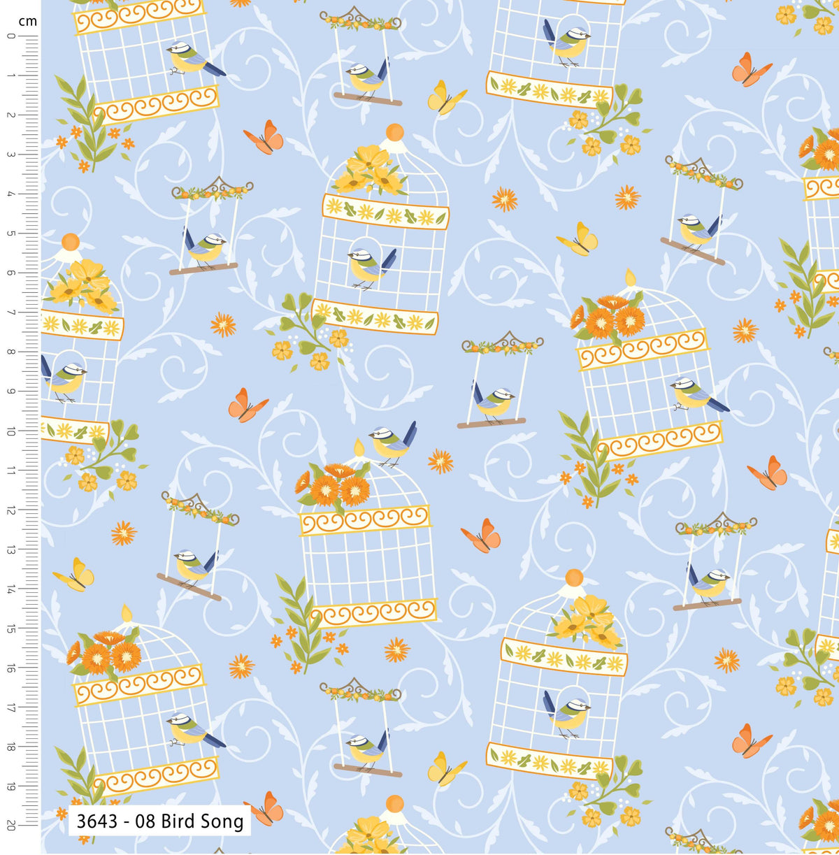 Fabric pattern with birdcages, birds, and flowers on a blue background