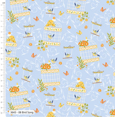 Fabric pattern with birdcages, birds, and flowers on a blue background