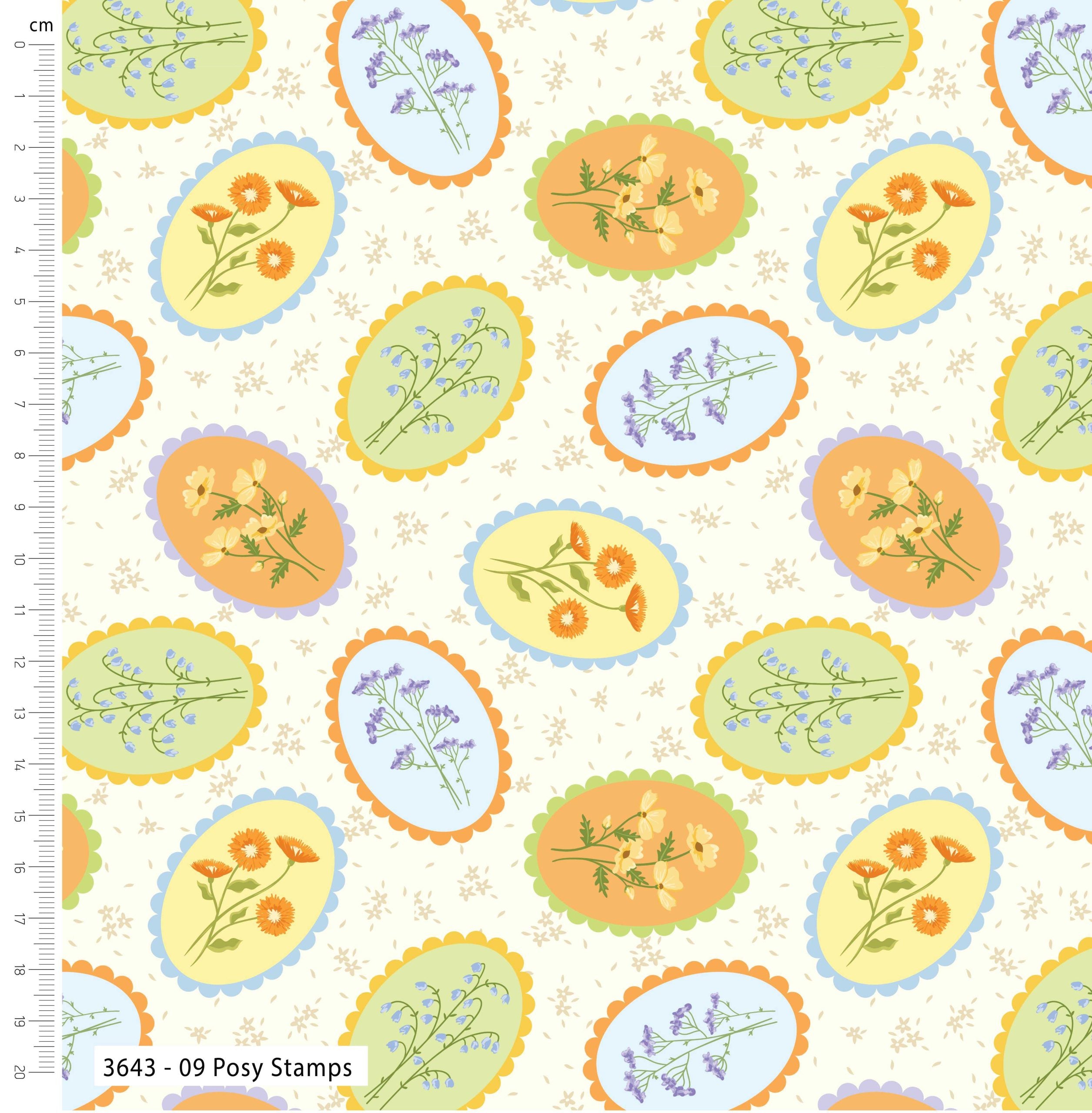 Patterned fabric with floral stamps and a ruler on the side