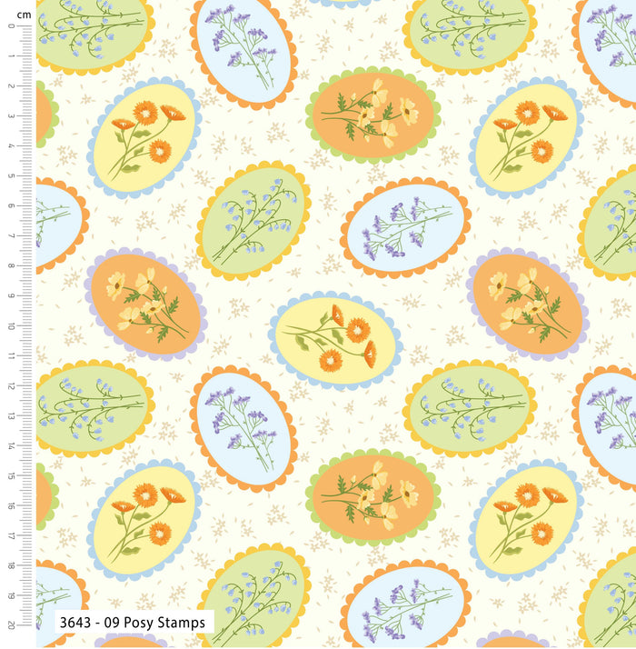 Patterned fabric with floral stamps and a ruler on the side