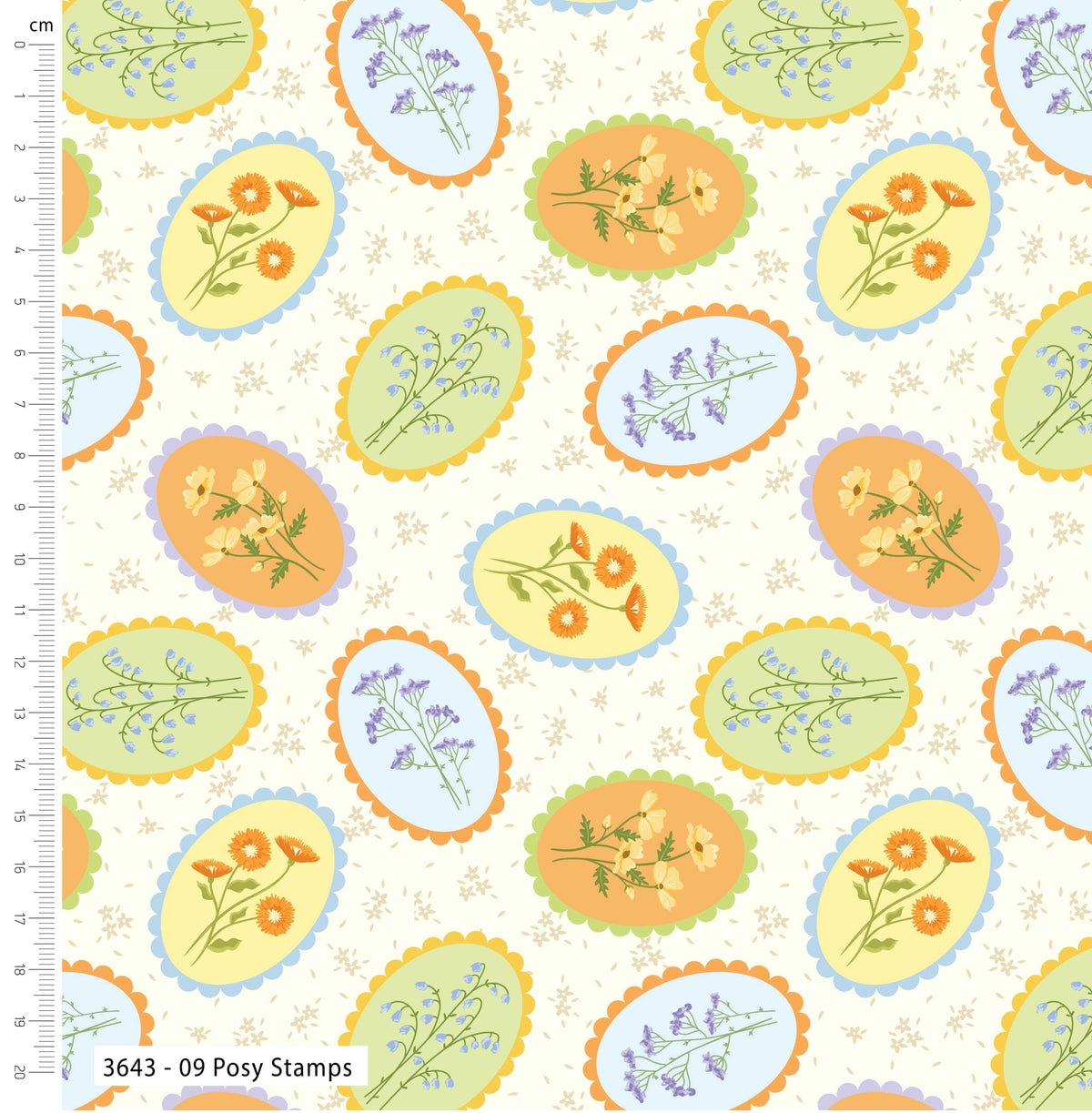 Patterned fabric with floral stamps and a ruler on the side