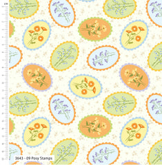 Patterned fabric with floral stamps and a ruler on the side