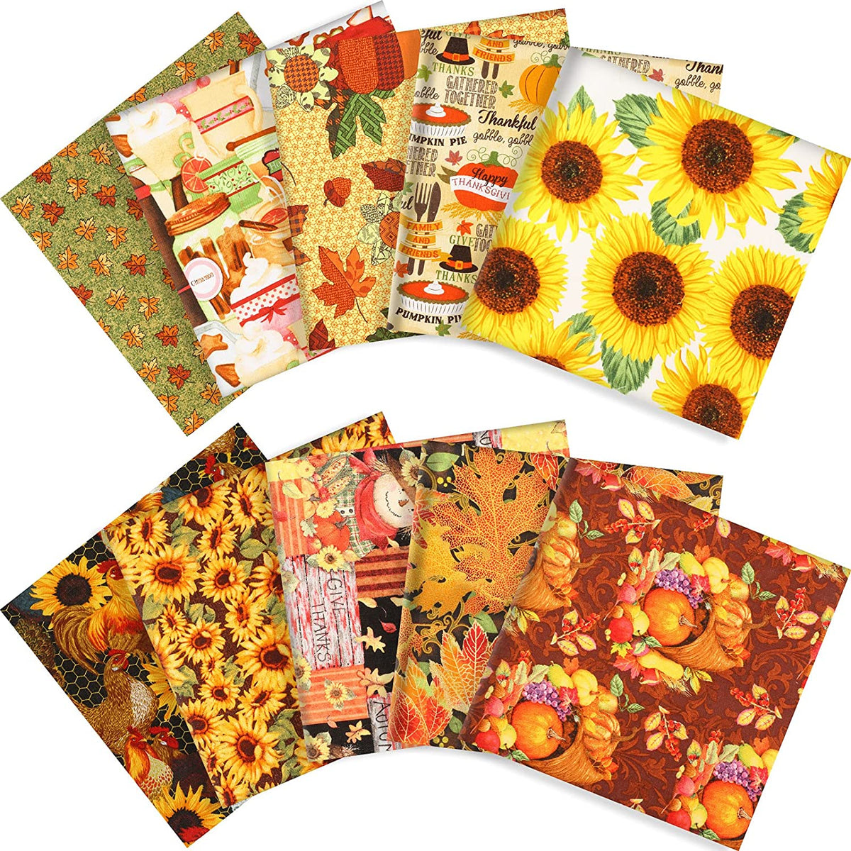 CraftsFabrics 10pcs 50cm x 50cm Autumn Fall Pumpkin Sunflower Scarecrow Maple Fat Quarters Bundle