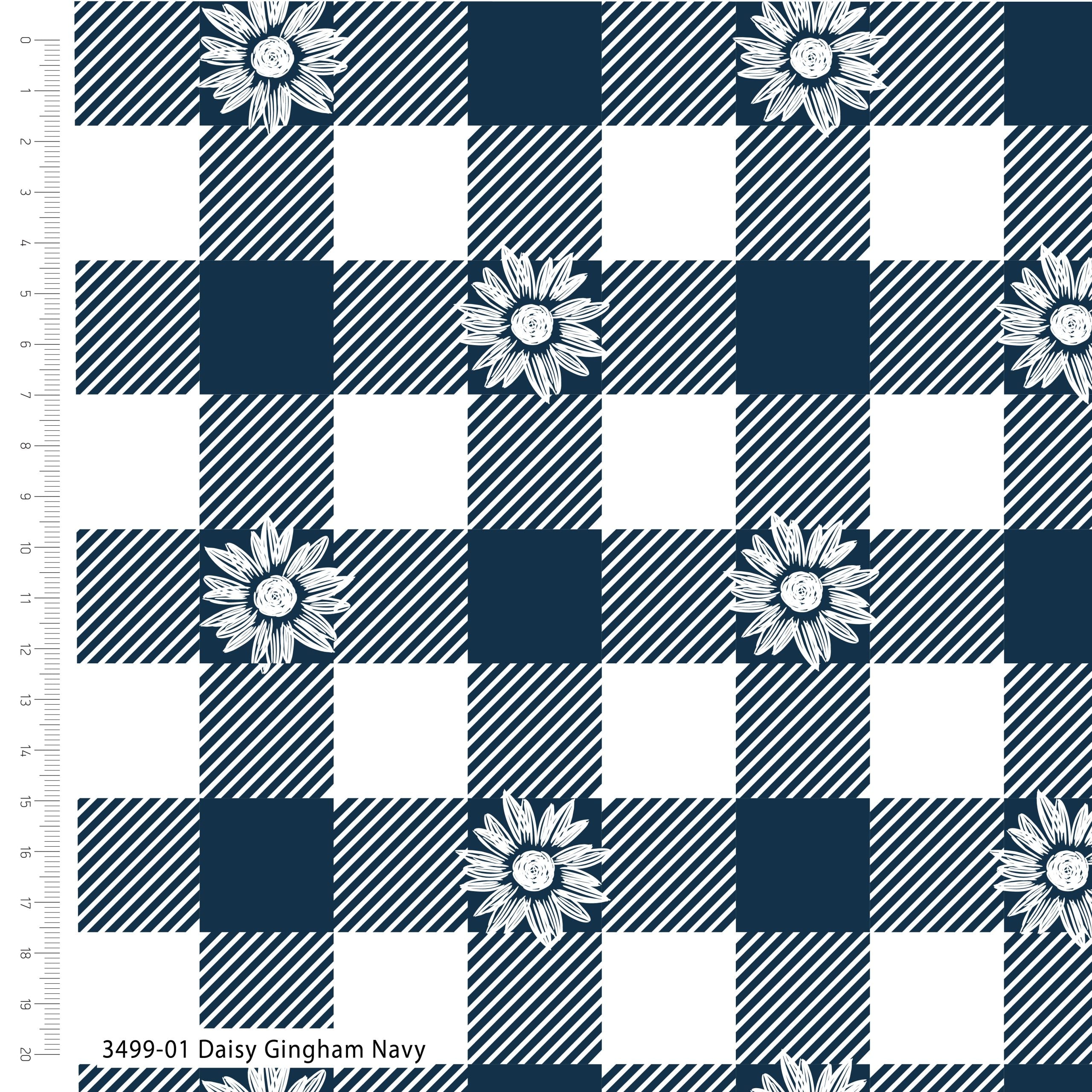 Navy and white checkered fabric with daisy flowers on a measuring chart