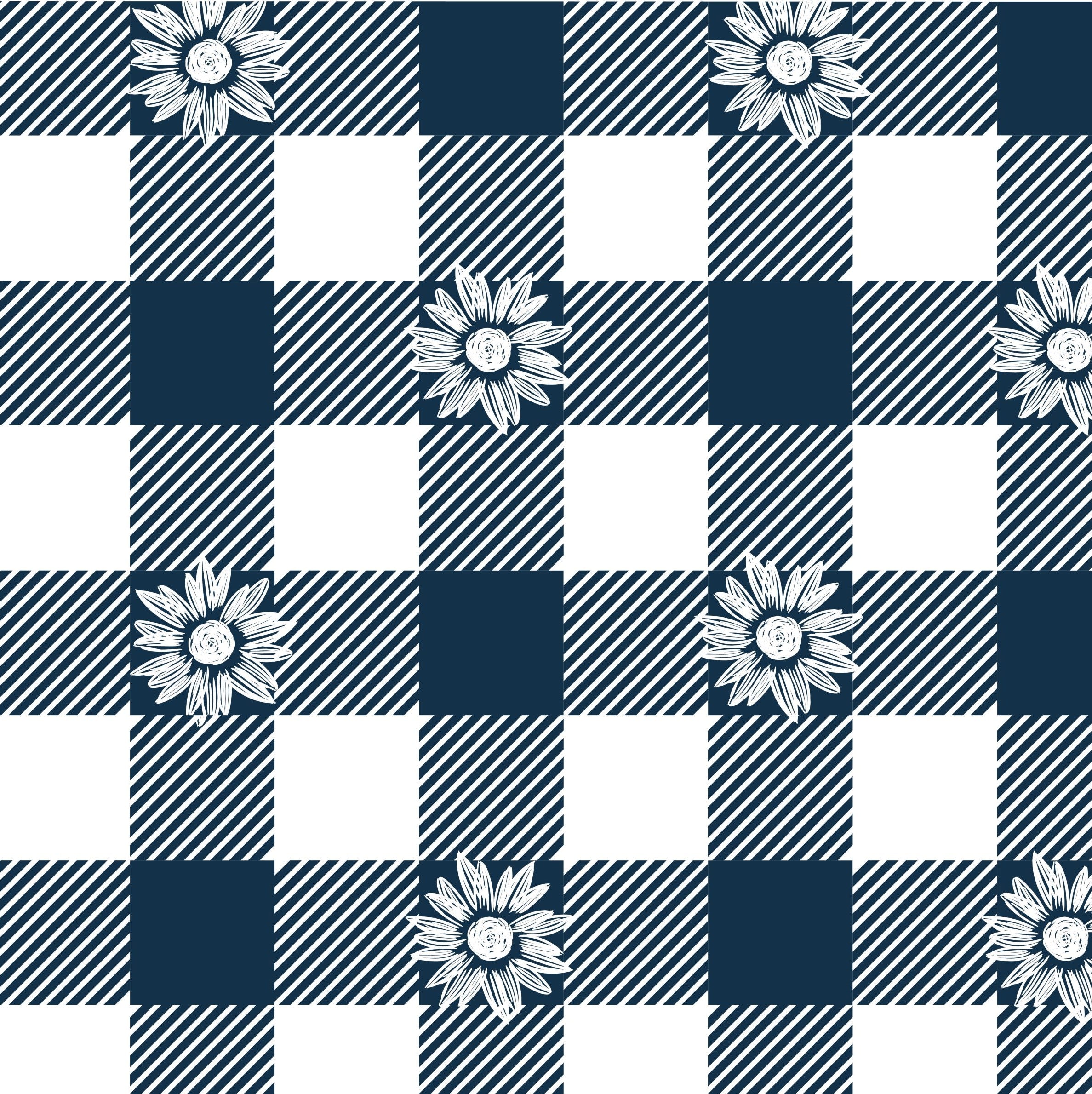 Navy and white checkered pattern with floral elements