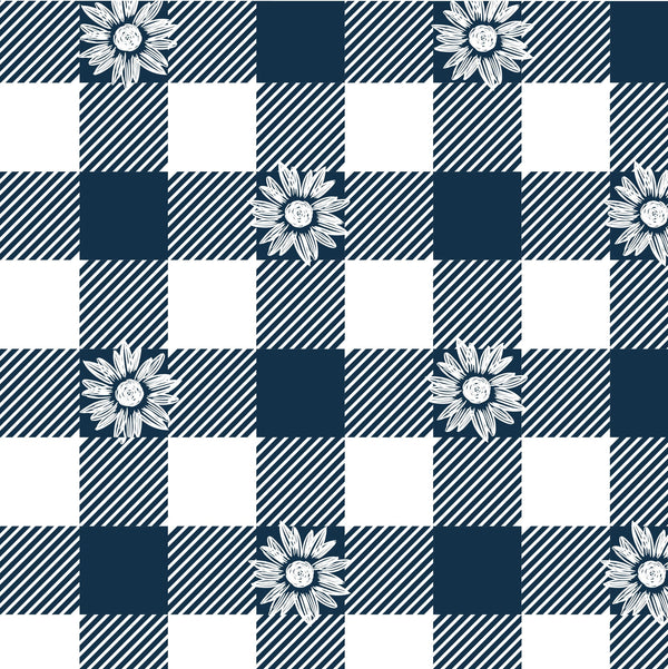 Navy and white checkered pattern with floral elements