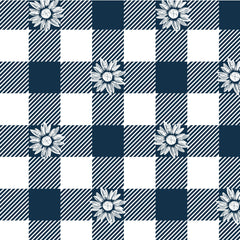 Navy and white checkered pattern with floral elements