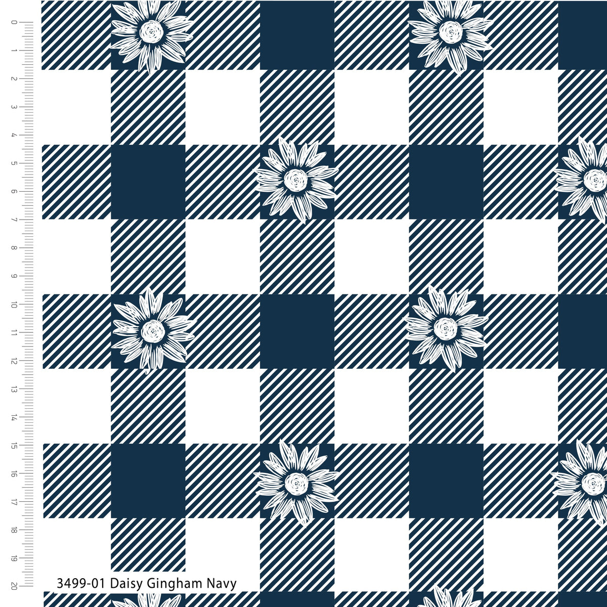 Navy and white checkered fabric with daisy flowers on a measuring chart