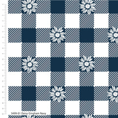 Navy and white checkered fabric with daisy flowers on a measuring chart