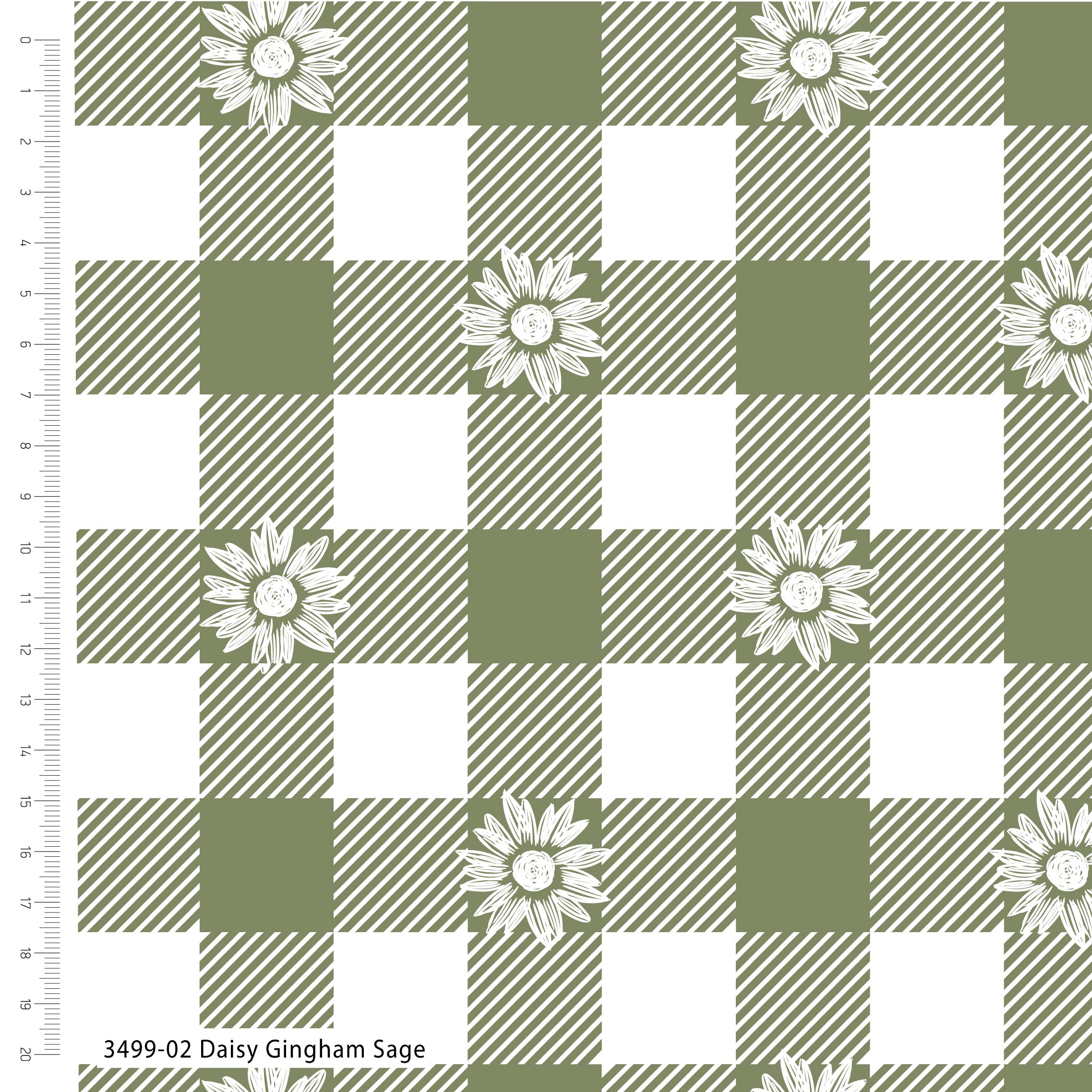 Green and white checkered fabric with daisy pattern on a white background