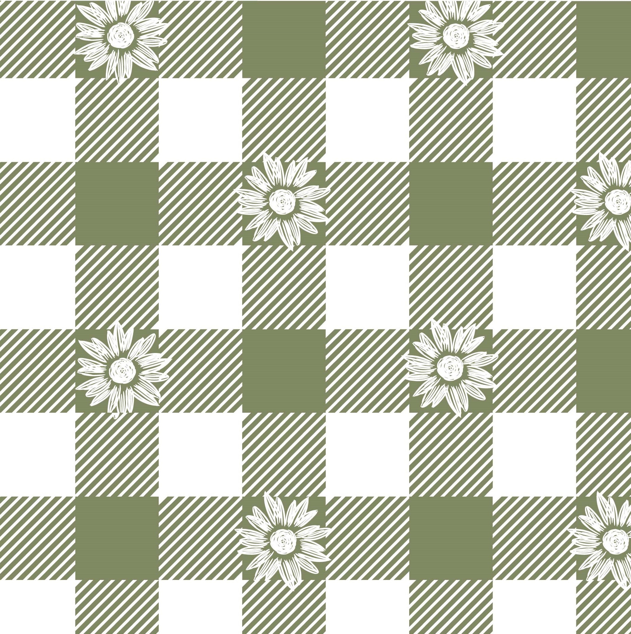 Checkered pattern with green and white squares and white flowers on a checkered background