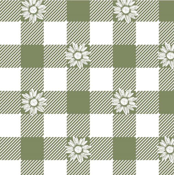 Checkered pattern with green and white squares and white flowers on a checkered background