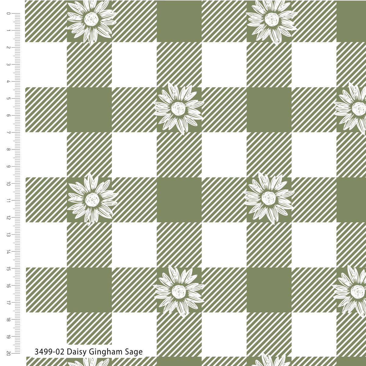 Green and white checkered fabric with daisy pattern on a white background