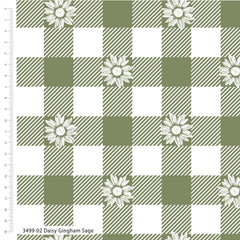 Green and white checkered fabric with daisy pattern on a white background