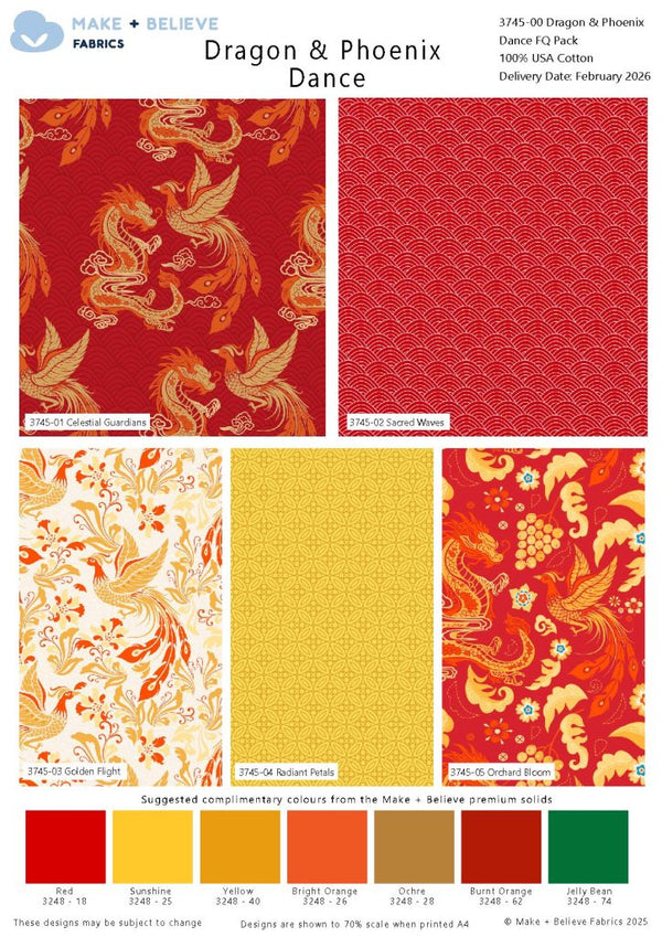 Dragon & Phoenix Dance 100% Cotton 5Pcs Fat Quarters Fabric Bundle