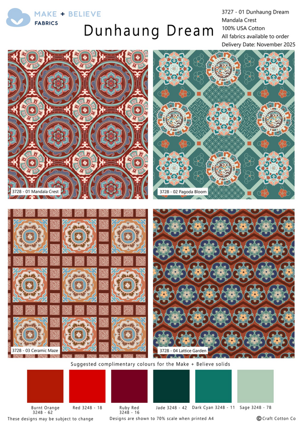 Make + Believe Dunhaung Dream Mandala Crest 100% Cotton 45x55cm Wide 4Pcs Fat Quarters Bundle for Quilting, Dressmaking, Patchwork