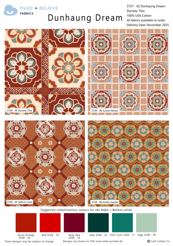 Make + Believe Dunhaung Dream Dynasty Tiles 100% Cotton 45x55cm Wide 4Pcs Fat Quarters Bundle for Quilting, Dressmaking, Patchwork