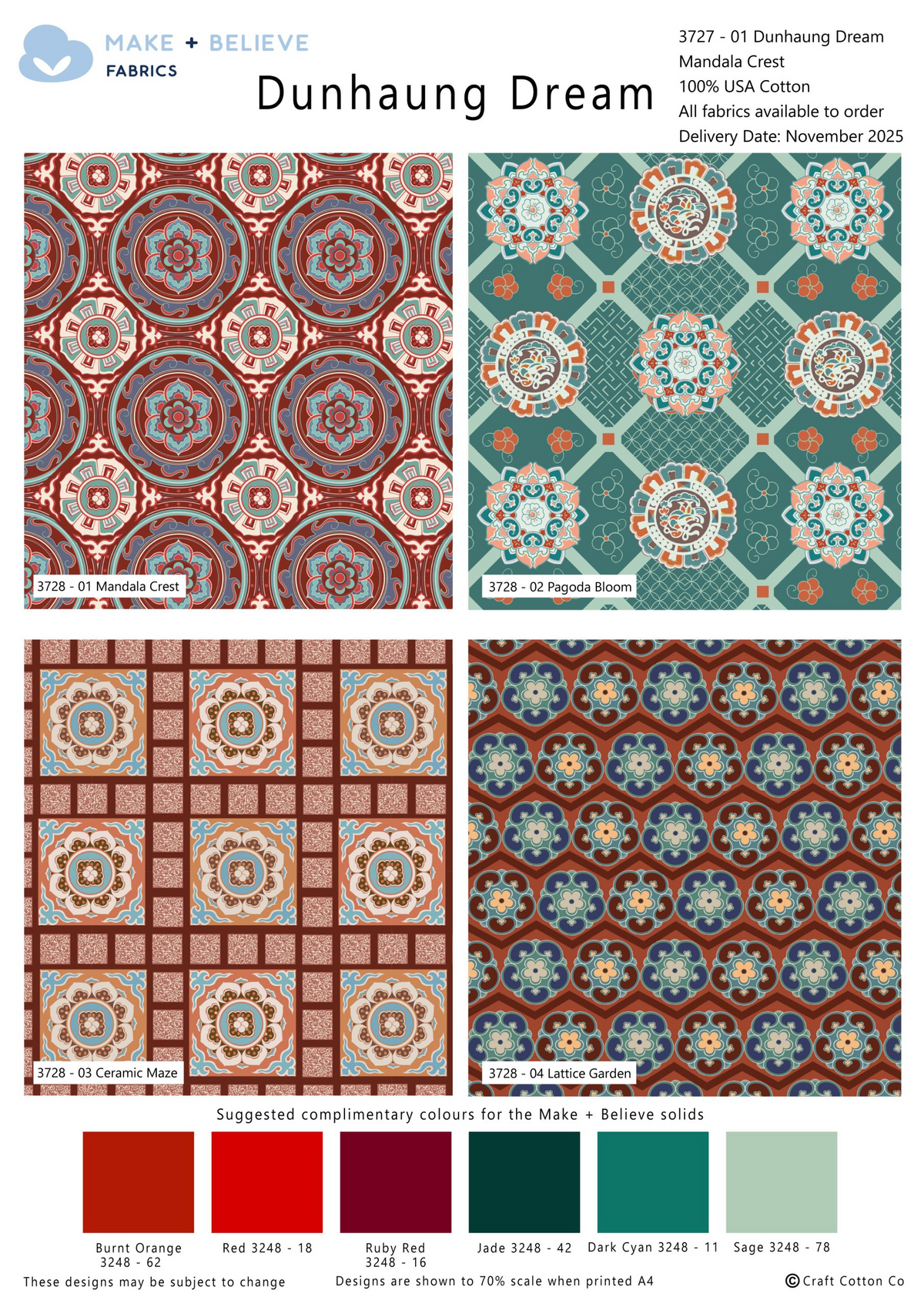 Make + Believe Dunhaung Dream Mandala Crest 100% Cotton 45x55cm Wide 4Pcs Fat Quarters Bundle for Quilting, Dressmaking, Patchwork