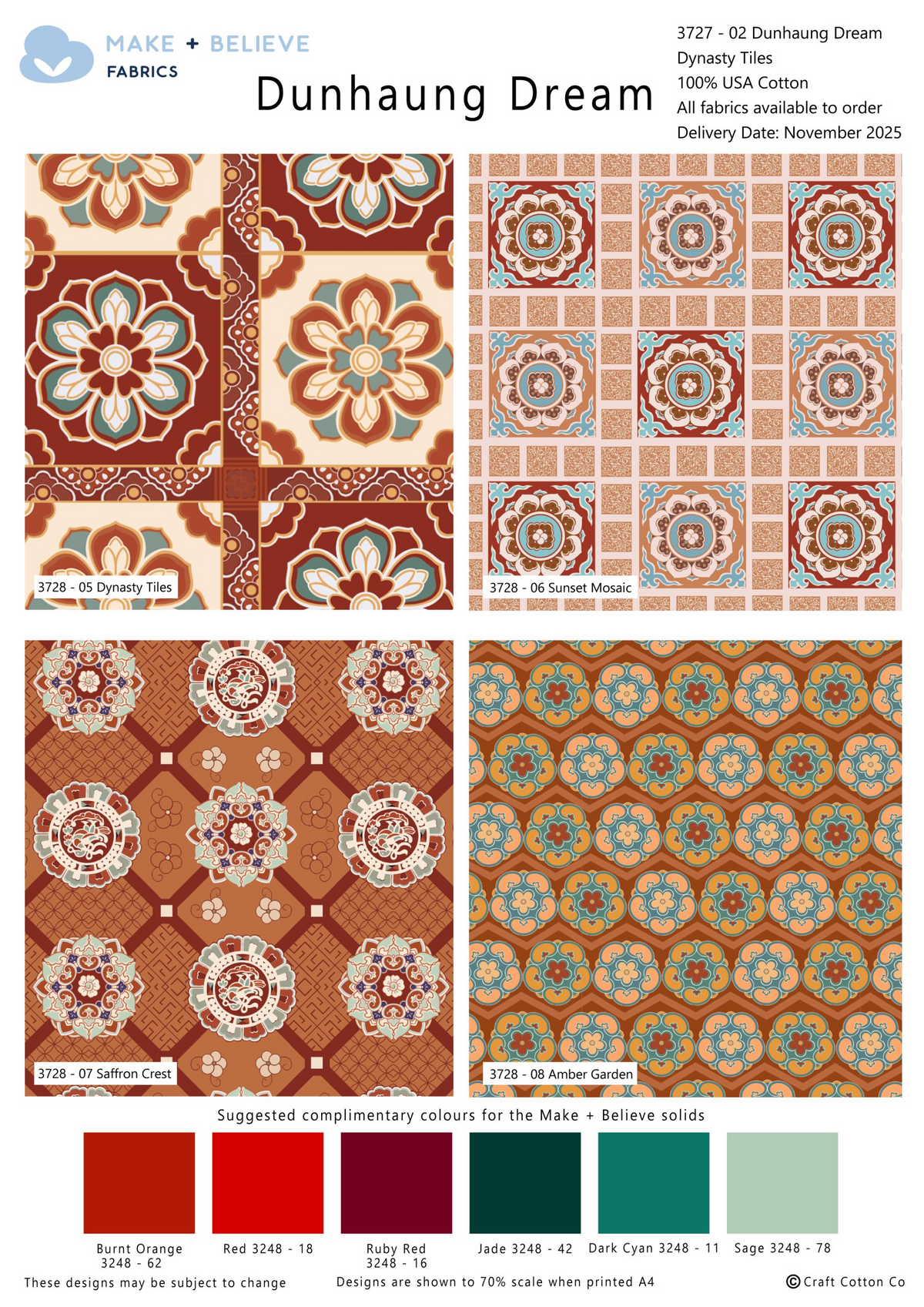 Make + Believe Dunhaung Dream Dynasty Tiles 100% Cotton 45x55cm Wide 4Pcs Fat Quarters Bundle for Quilting, Dressmaking, Patchwork