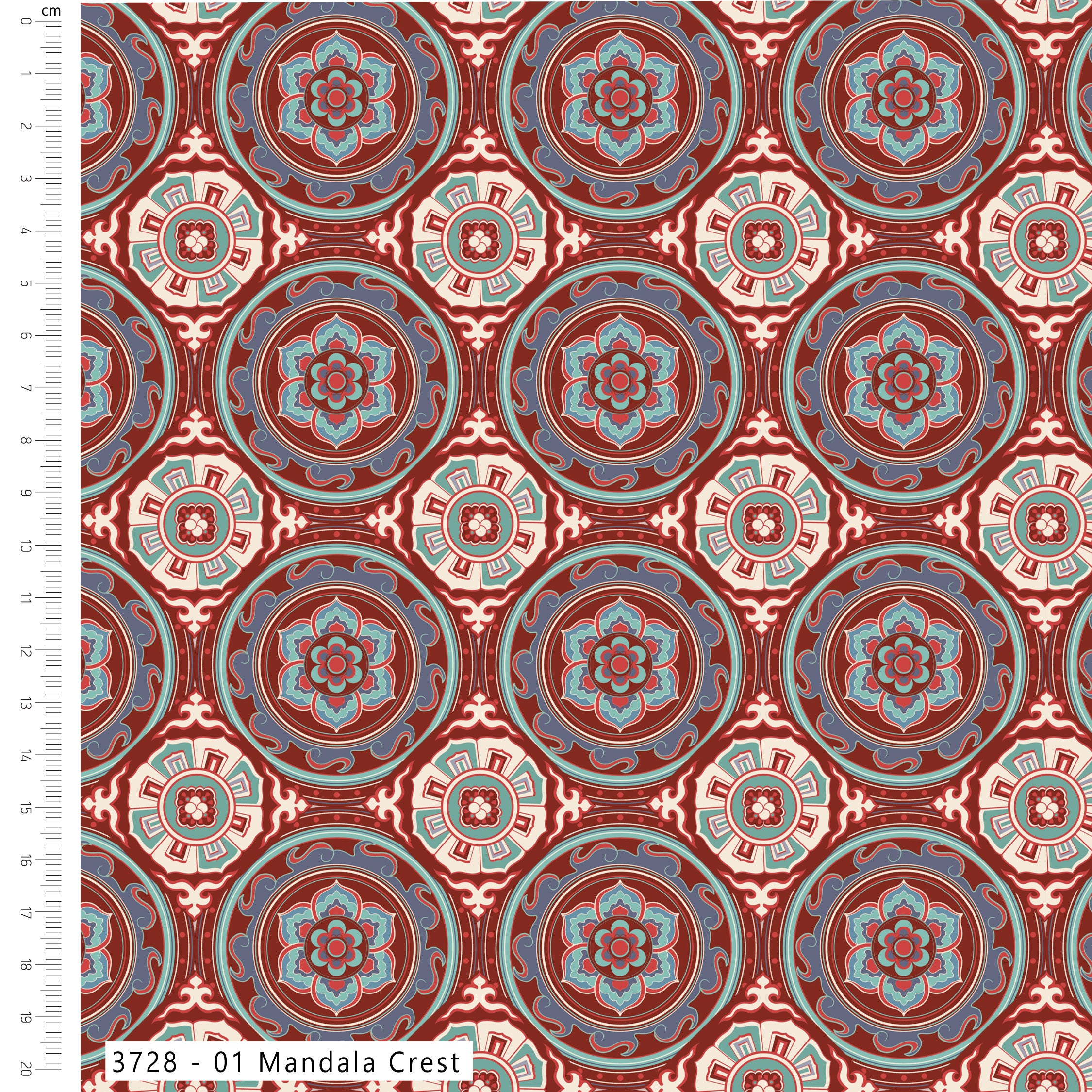 Patterned fabric with mandala design in red, blue, and green on a white background.