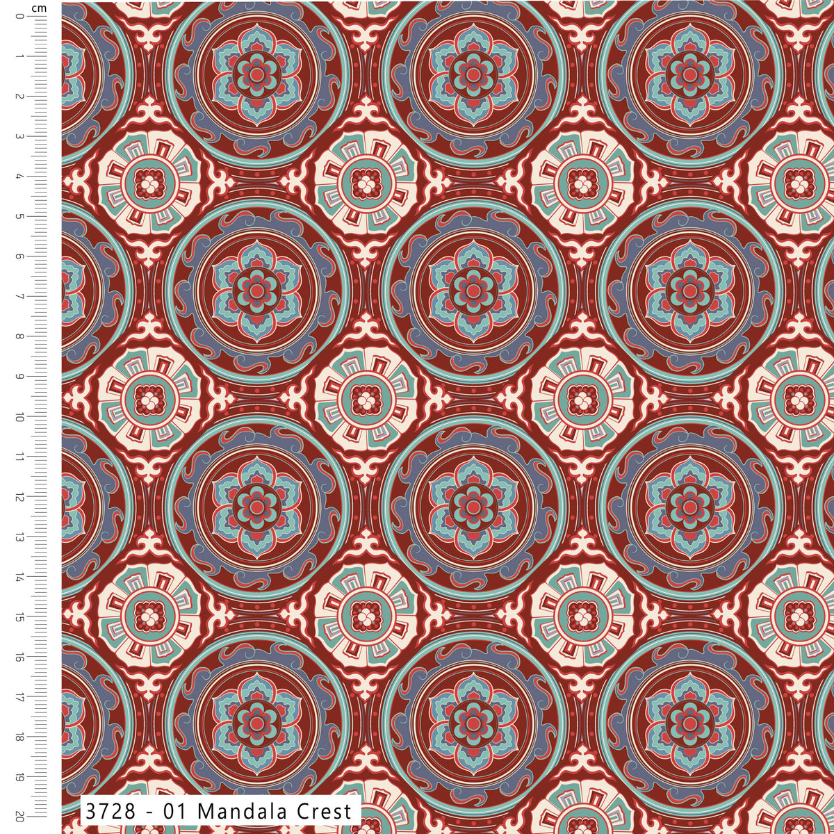 Patterned fabric with mandala design in red, blue, and green on a white background.