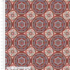Patterned fabric with mandala design in red, blue, and green on a white background.