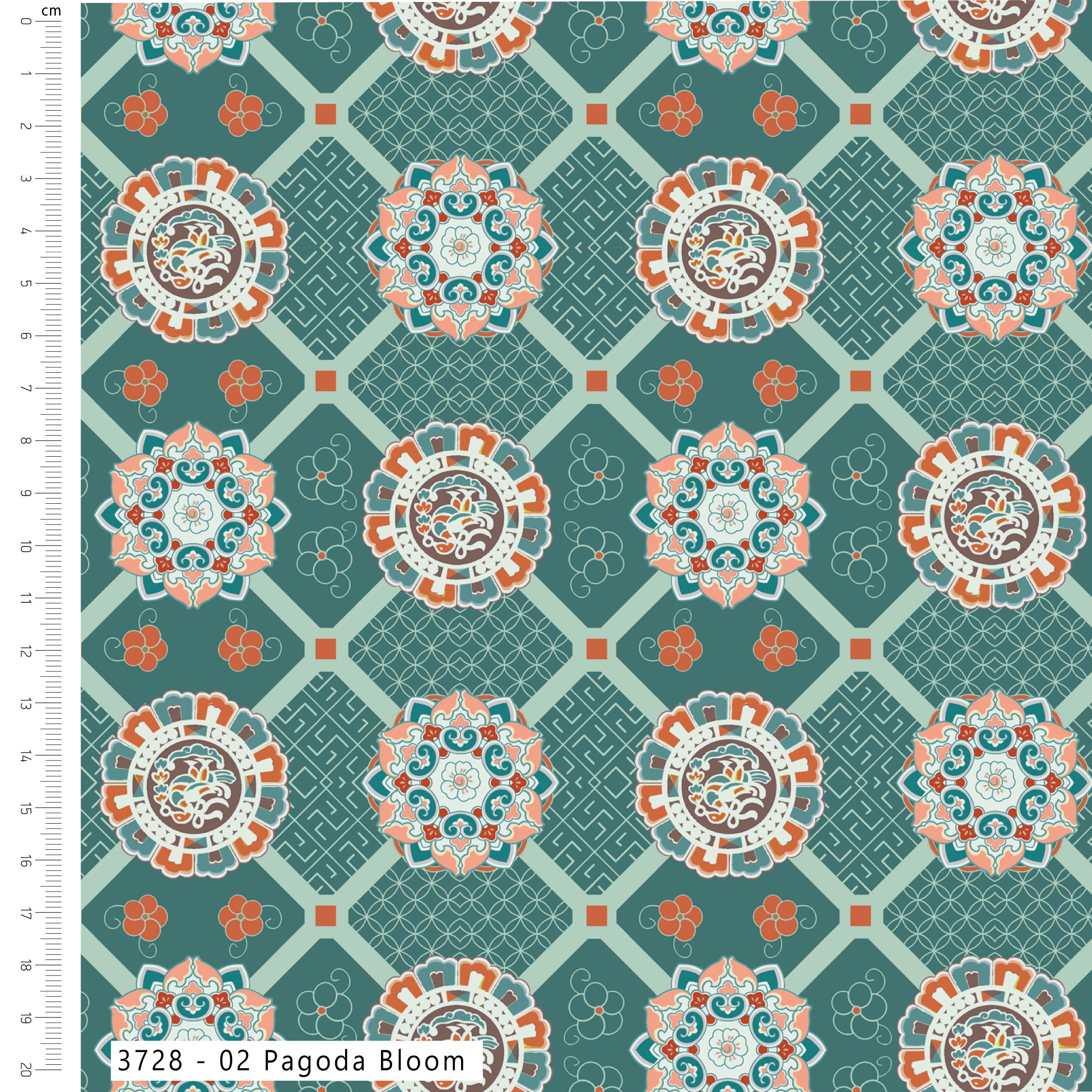Patterned fabric with geometric design and floral elements on a teal background, featuring a ruler for scale.