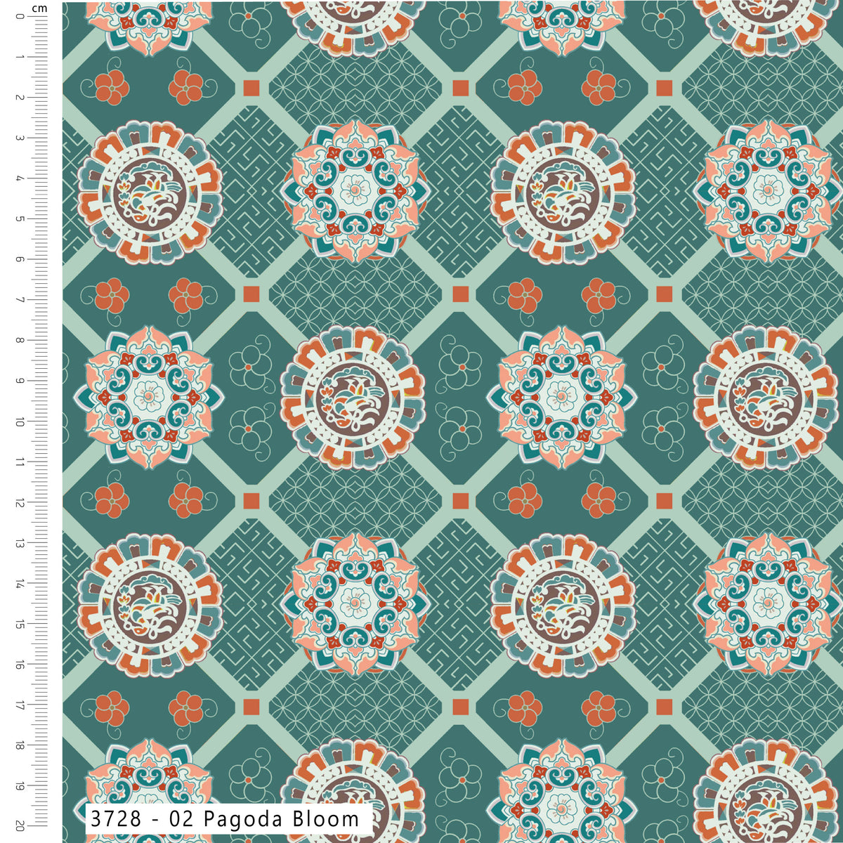 Patterned fabric with geometric design and floral elements on a teal background, featuring a ruler for scale.