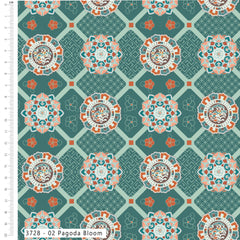 Patterned fabric with geometric design and floral elements on a teal background, featuring a ruler for scale.