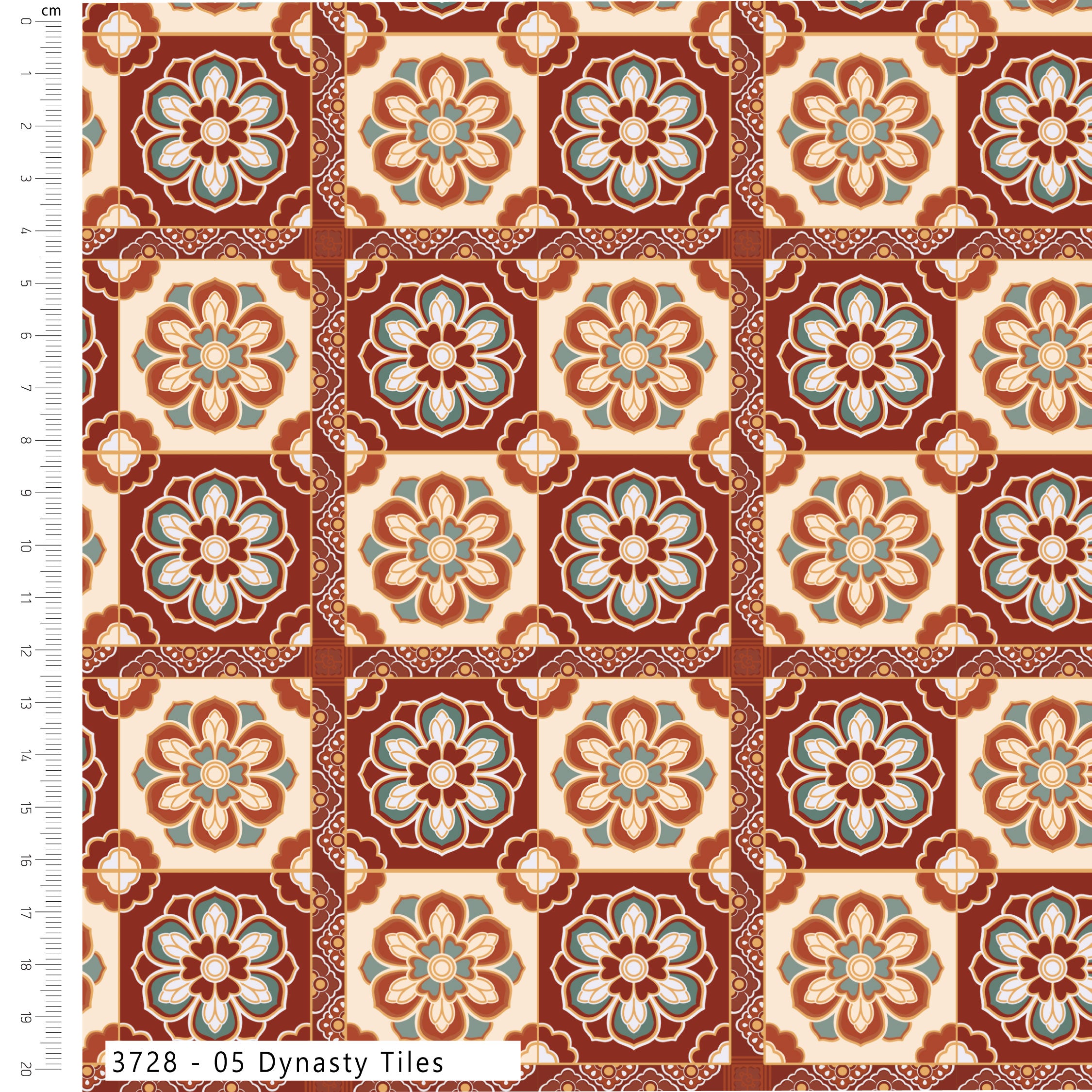 Patterned fabric with a grid of floral designs in red, beige, and green on a white background.