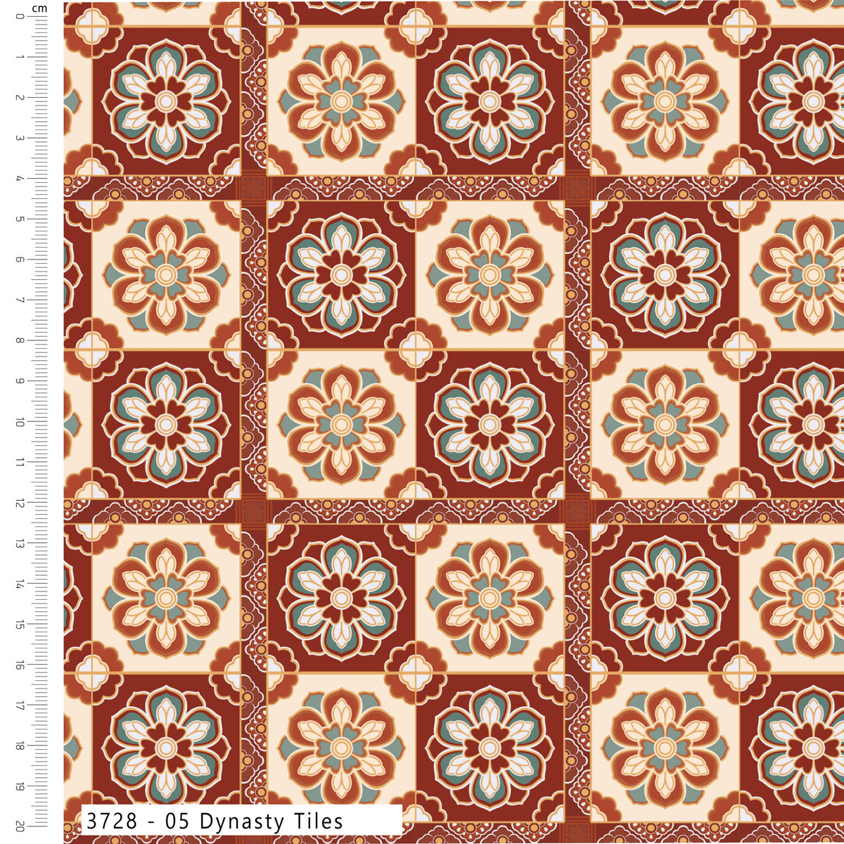 Patterned fabric with a grid of floral designs in red, beige, and green on a white background.