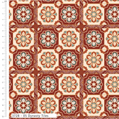 Patterned fabric with a grid of floral designs in red, beige, and green on a white background.