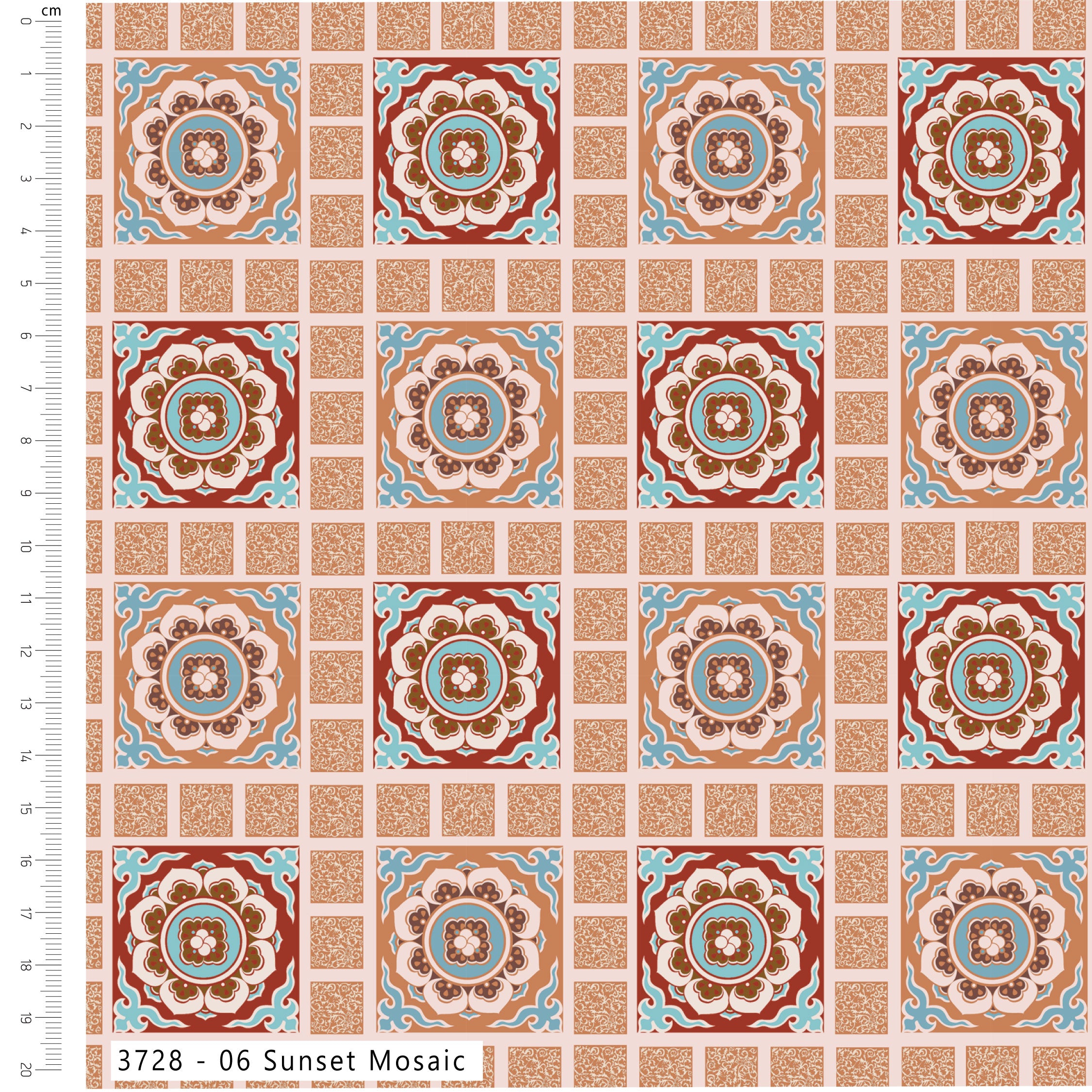 Patterned tile design with decorative elements on a grid, featuring a ruler for scale.