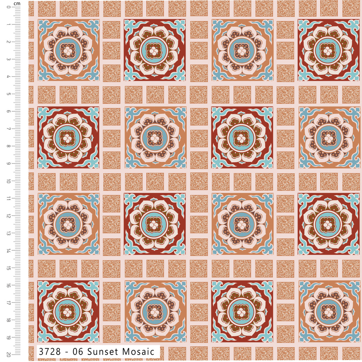 Patterned tile design with decorative elements on a grid, featuring a ruler for scale.