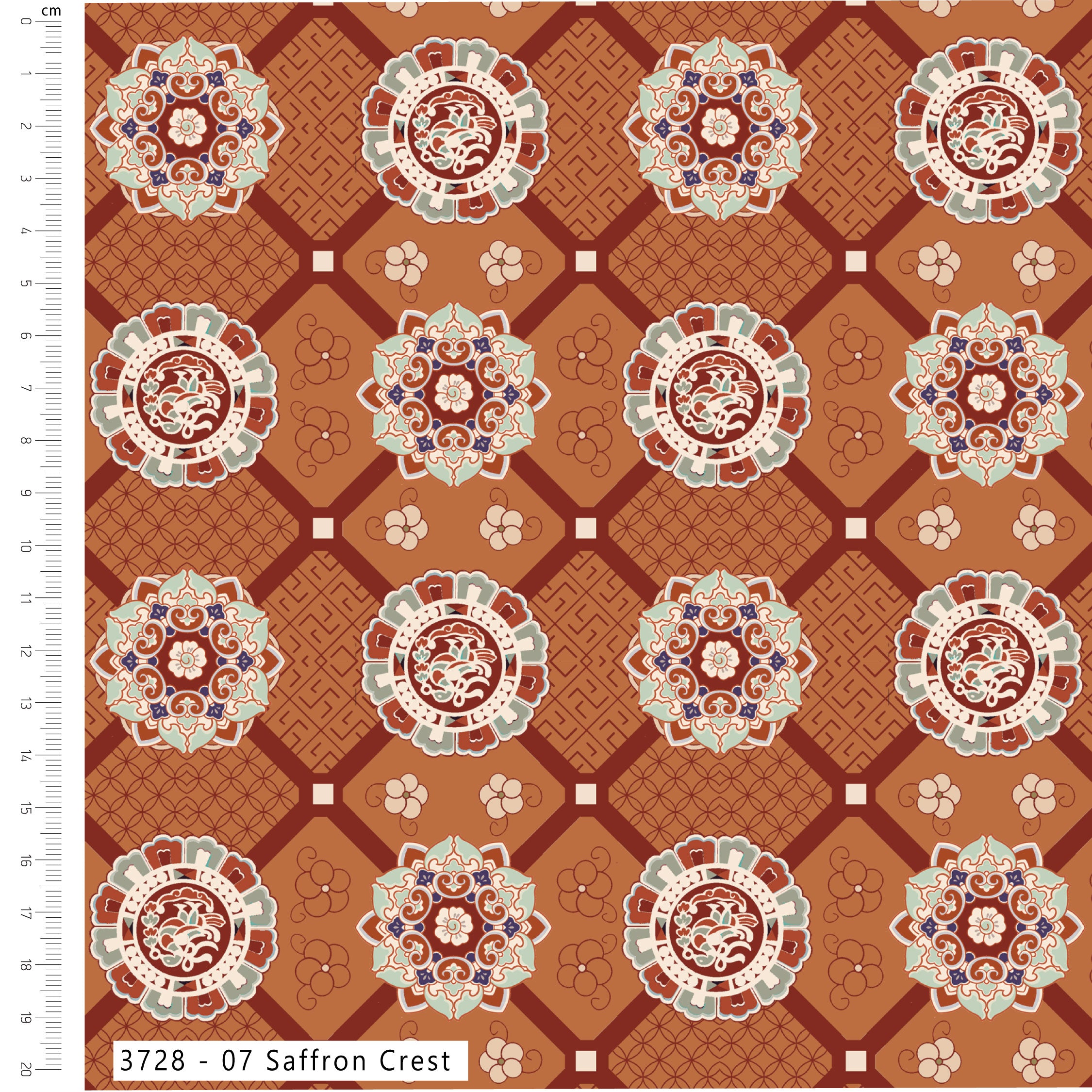 Patterned fabric with geometric design on a brown background, featuring a ruler on the left side.