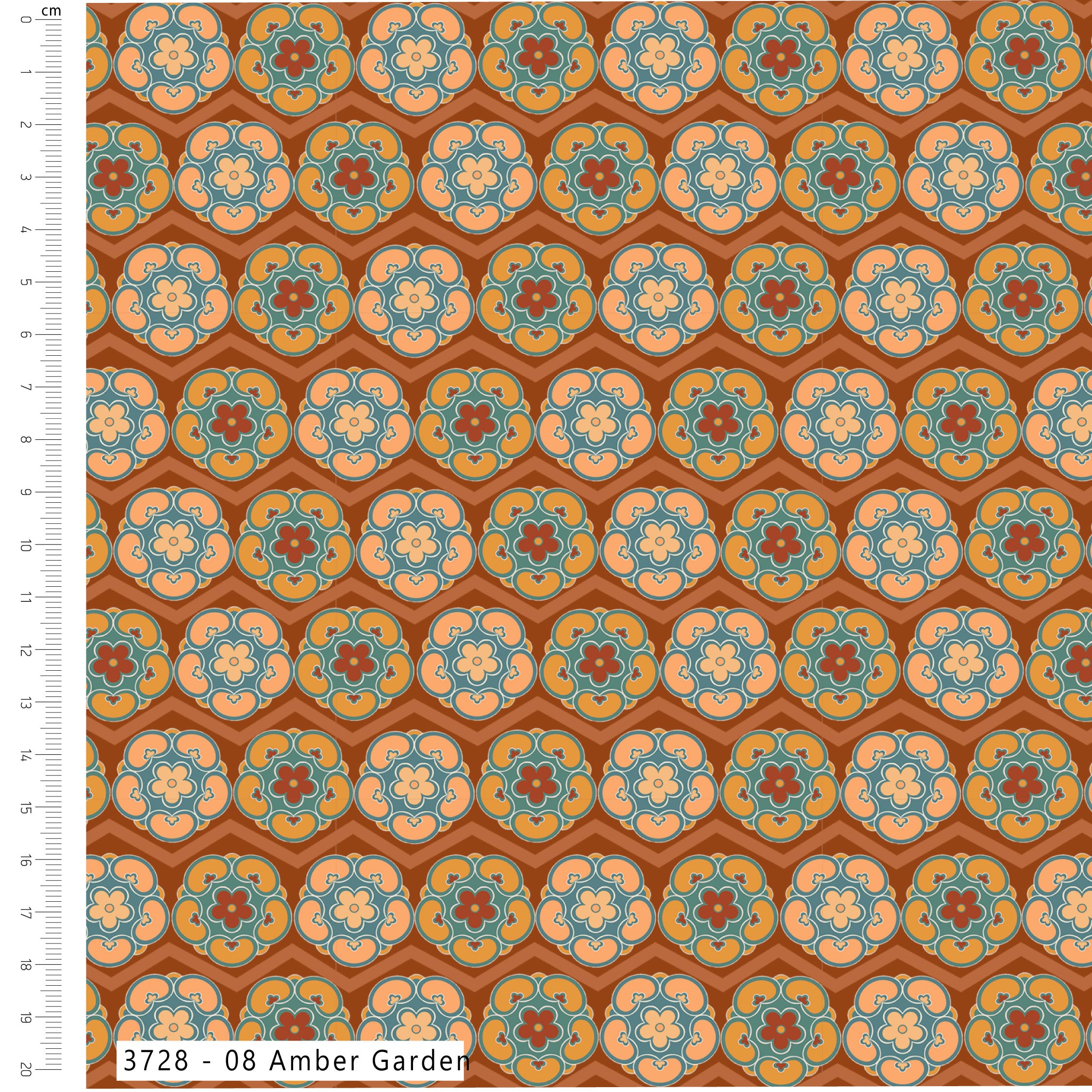 Patterned fabric with geometric design on a brown background, featuring a ruler for scale.