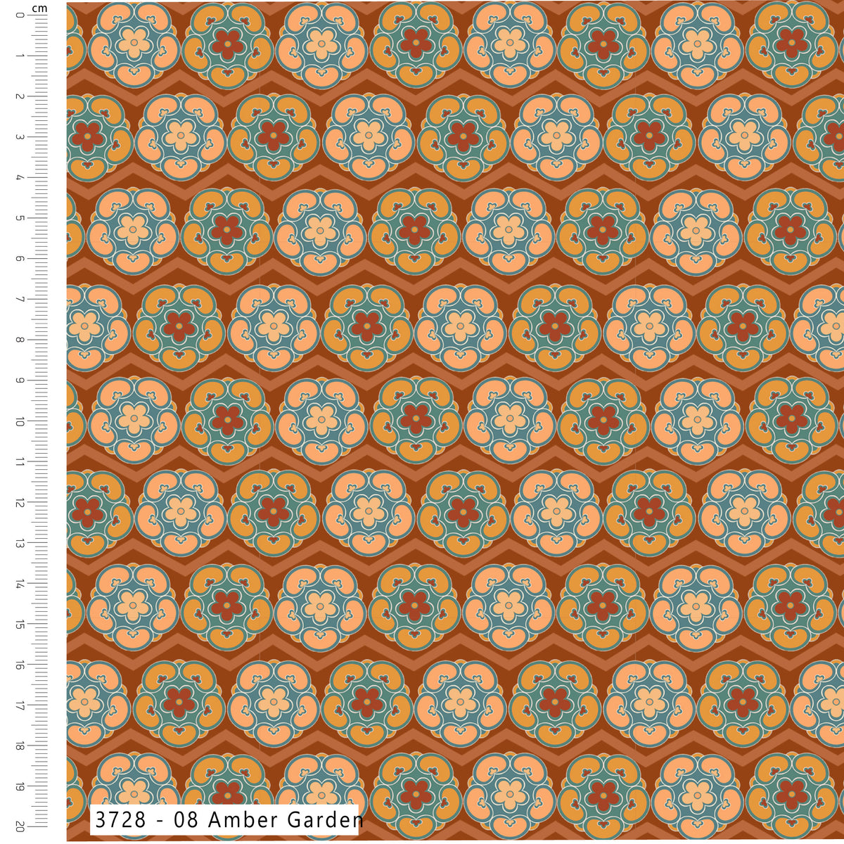 Patterned fabric with geometric design on a brown background, featuring a ruler for scale.