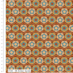 Patterned fabric with geometric design on a brown background, featuring a ruler for scale.